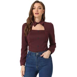 Plaid Choker Top Houndstooth Print Long Sleeve Cutout Blouse Dark Red